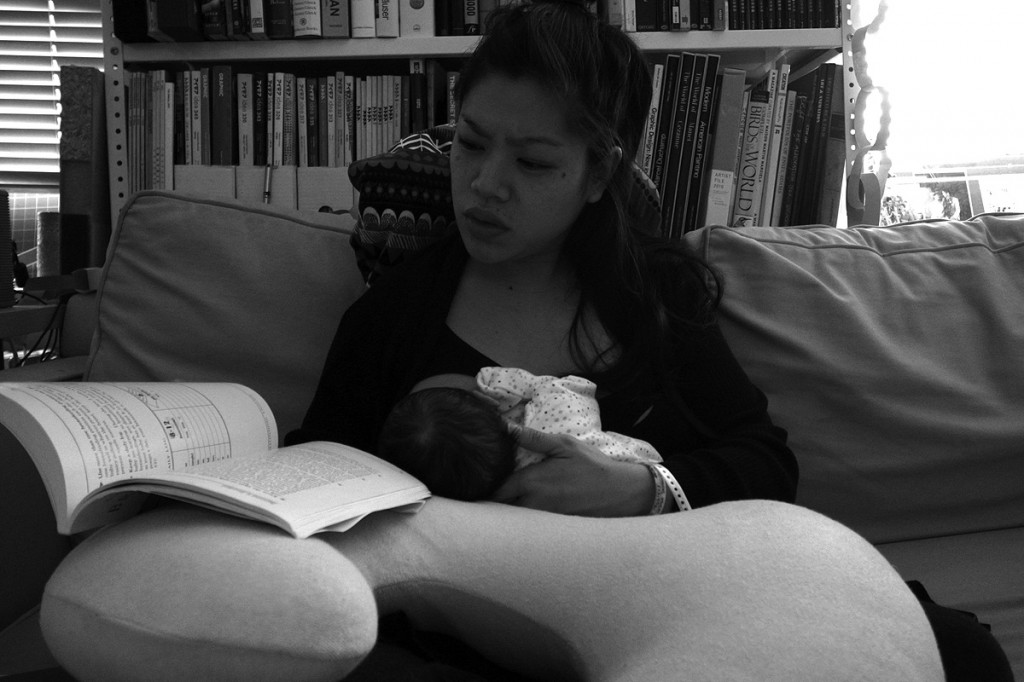 Momo and Mom reading baby instructions